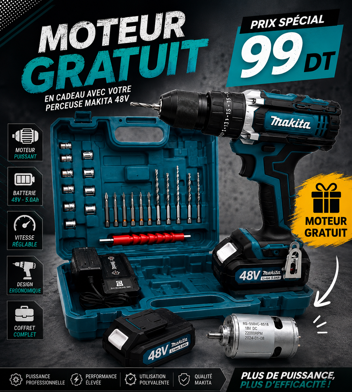 COFFRET VISSEUSE 28 PIÈCES AVEC 2 BATTERIES 48V avec motor gratuit
