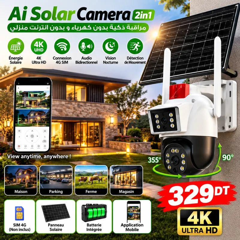  Caméra solaire AI 2 en 1 4K