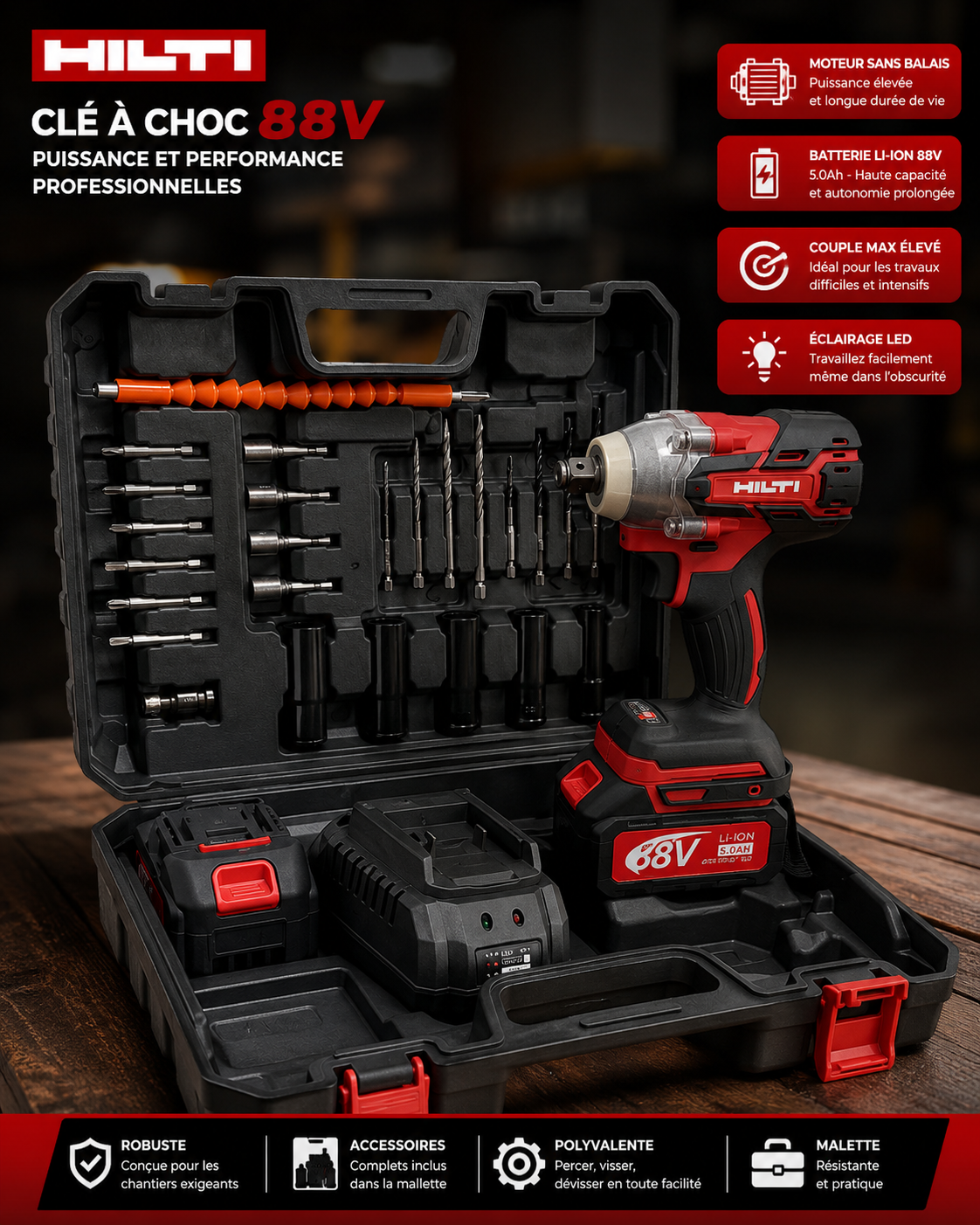 CLÉ À CHOC BRUSHLESS 88volt AVEC DOUBLE BATTERIES – Professionnel